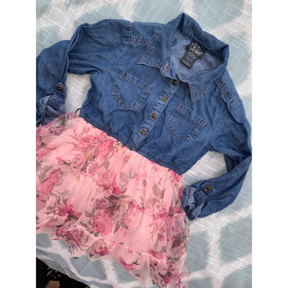 Girls Sz 5 Pink Violet Denim‎ Dress Floral Tulle Skirt Long Sleeve Girls Size - Picture 3 of 5